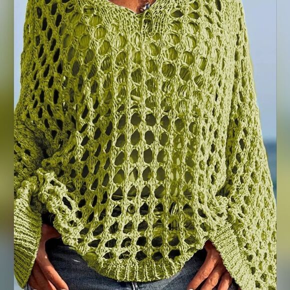 Green Open-Knit Women's Sweater Crochet Long Sleeve Knit Cover Up Sz S M L XL - Picture 3 of 5